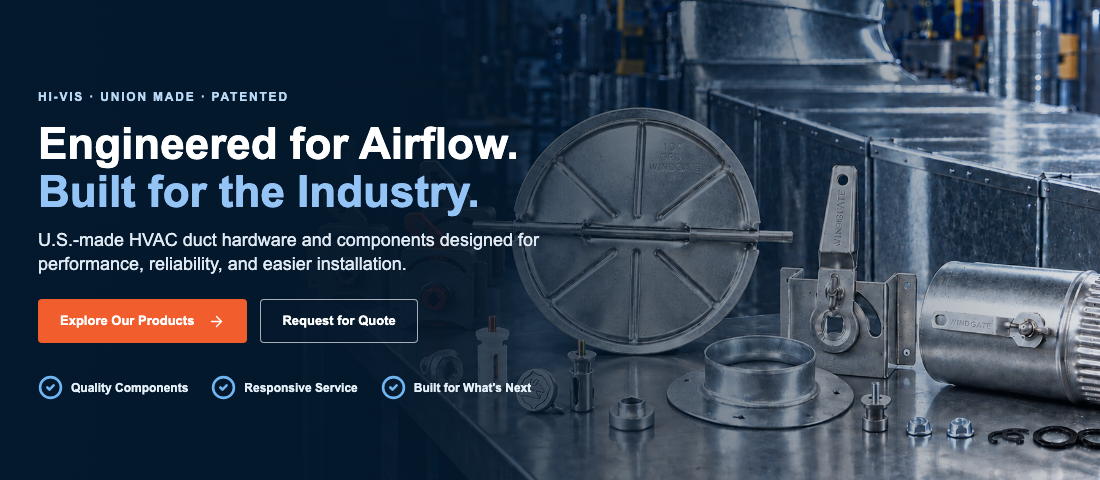 Windgate Products website preview featuring precision HVAC hardware and product catalog design.